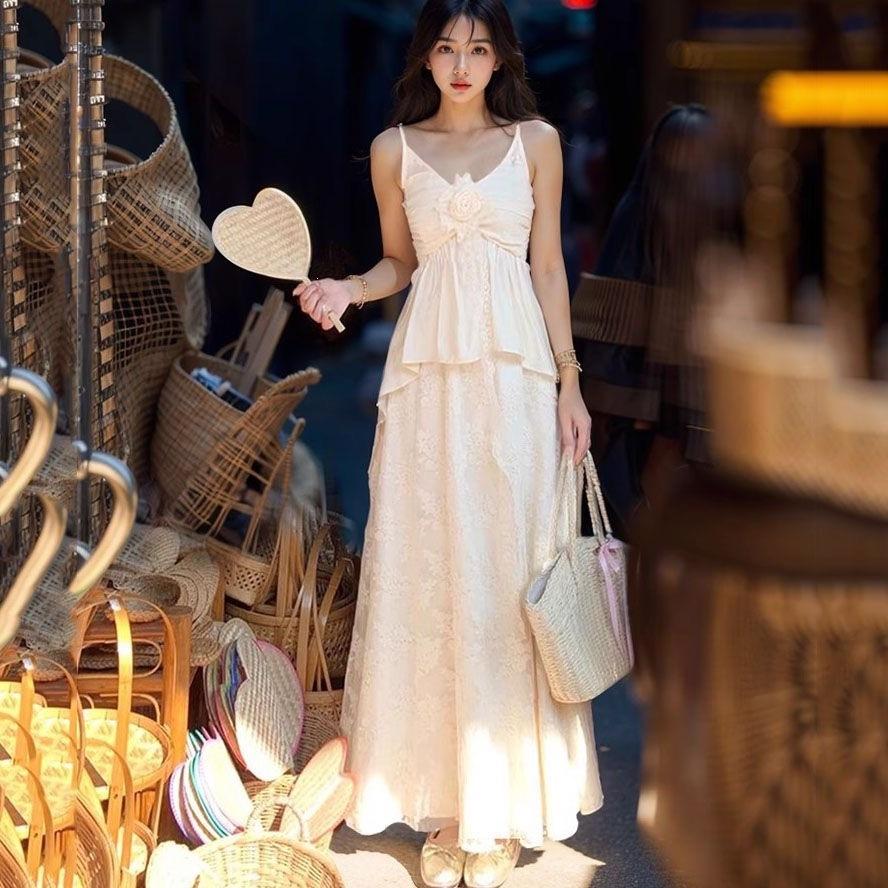 Mist White Tea, Summer New French Gentle Lace Splicing Skirt + Sleeveless Top Sweet Two-piece Set