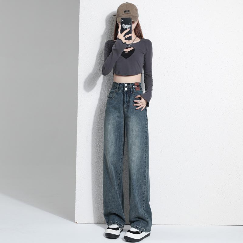 Women's High Waist Wide Leg Jeans Straight Denim Pants Fleece Lined Vintage Casual Women Denim Trousers Slimming Draped Pants