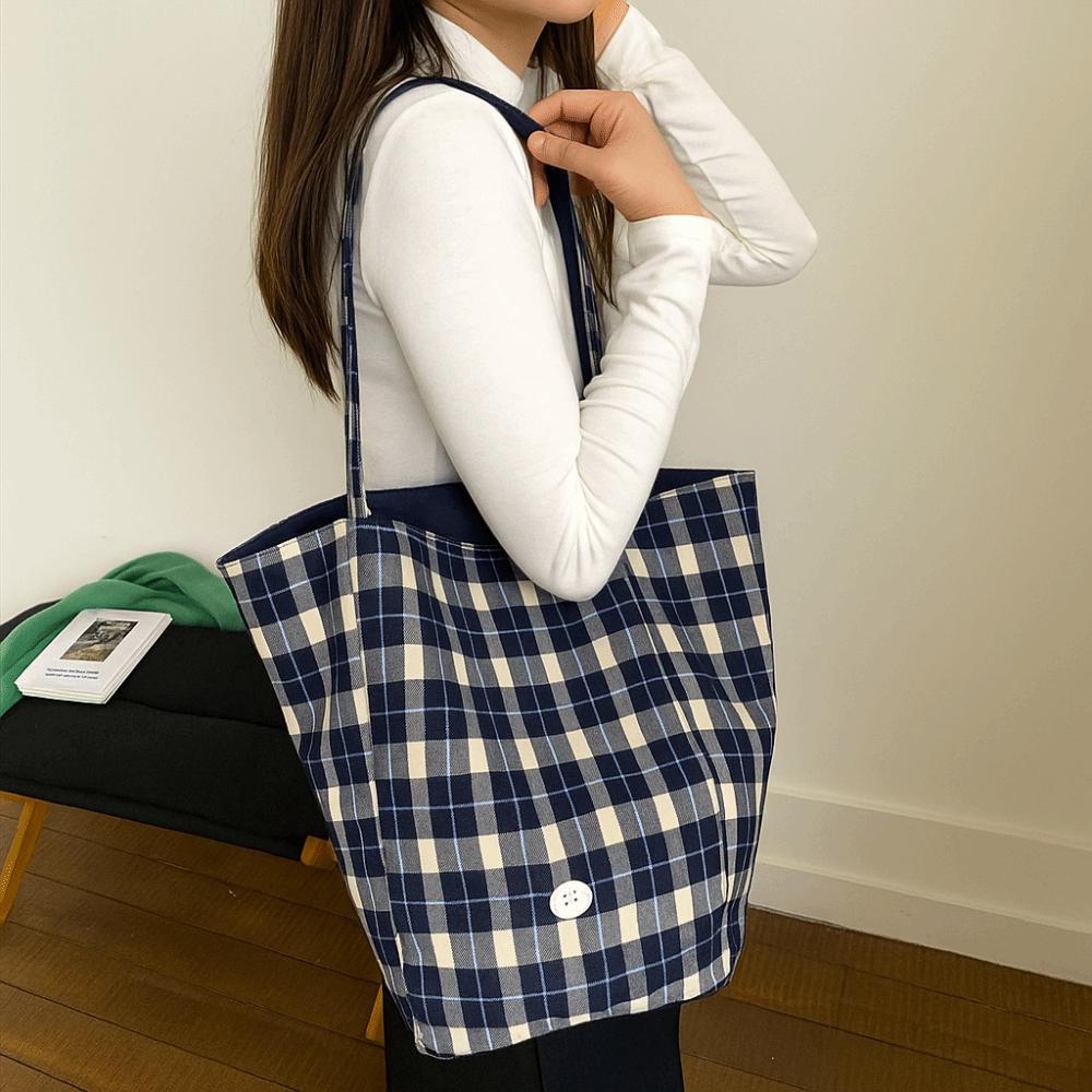 Vintage Japanese Style Plaid Canvas Tote Bag Leisure Versatile Double Sided Shoulder Bag Commuting Cloth Lattice Handbag Women