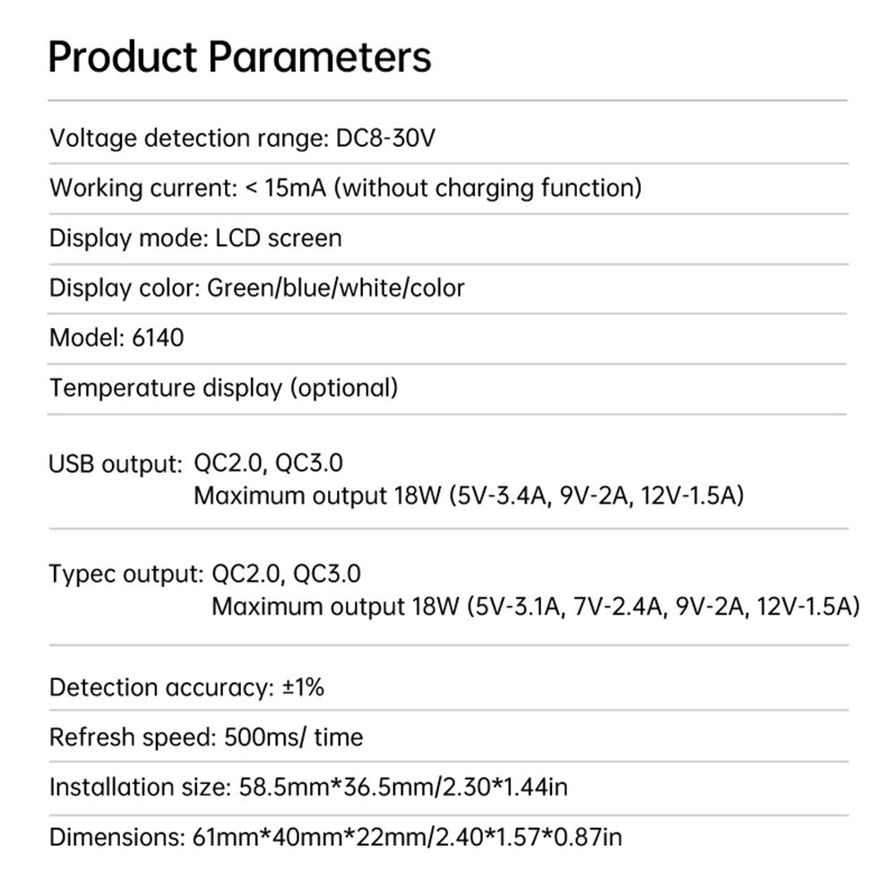DC8-30V Battery Capacity Indicator Car Motorcycle Digital Voltmeter Voltage Tester Meter Tool USB3.0/Tpye-C Output for Car