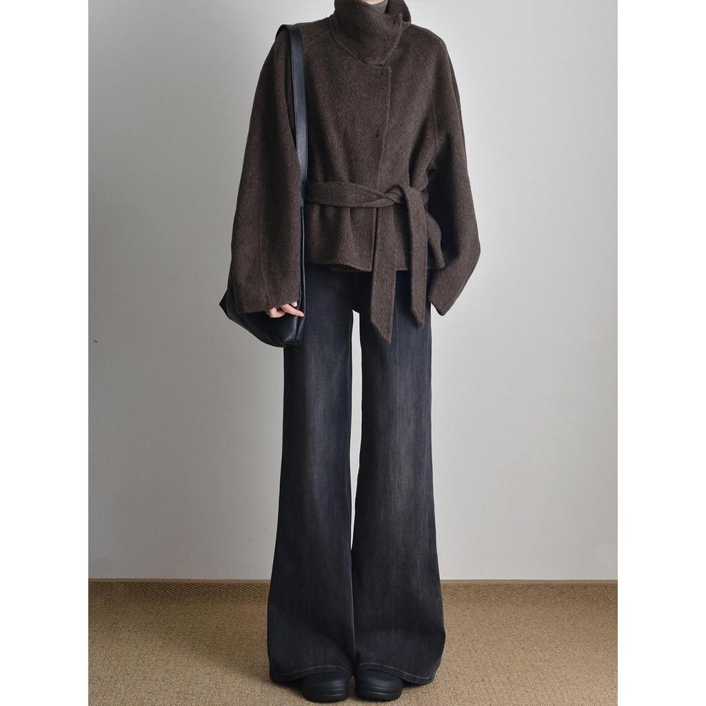 Women's Black-Grey High-Waisted Micro-Flare Jeans, Plus Size, Wide-Leg, Slimming, for Curvy Figures, Spring/Autumn 2025 Style