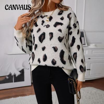 Maglione in Maglia Taglie Forti da Donna Autunno e Inverno Largo Girocollo Tirato Jacquard Leopardo Pullover