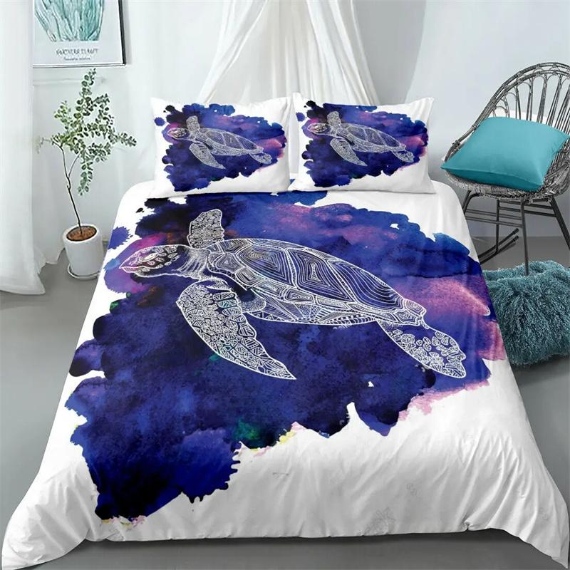 Sea Turtle Bedding Ocean Duvet Cover Set Teal Mediterranean Style Marine Themed Ocean Polyester Bedding Set Queen King Twin Size