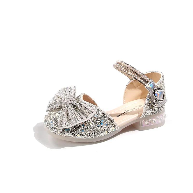 

2024 Children Leather Shoes for Girls Spring Autumn New Fashion Sweet Bowtie Soft Comfortable Princess Chic Party Dress Shoes 26 серебряный