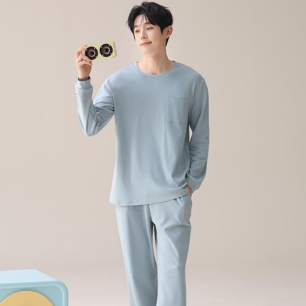 Pajamas men's spring and autumn pure cotton long-sleeved loungewear universal in all seasons, solid color, high-end sense, large size can 