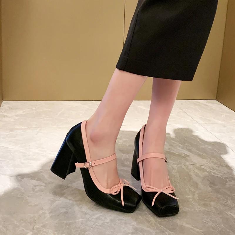 Fashion Chunky Heel Mary Jane Shoes Bow Fashions Square-toe High Heels Summer 2024 Retro Platform Sandals Silver Heeled Mary Jane Women