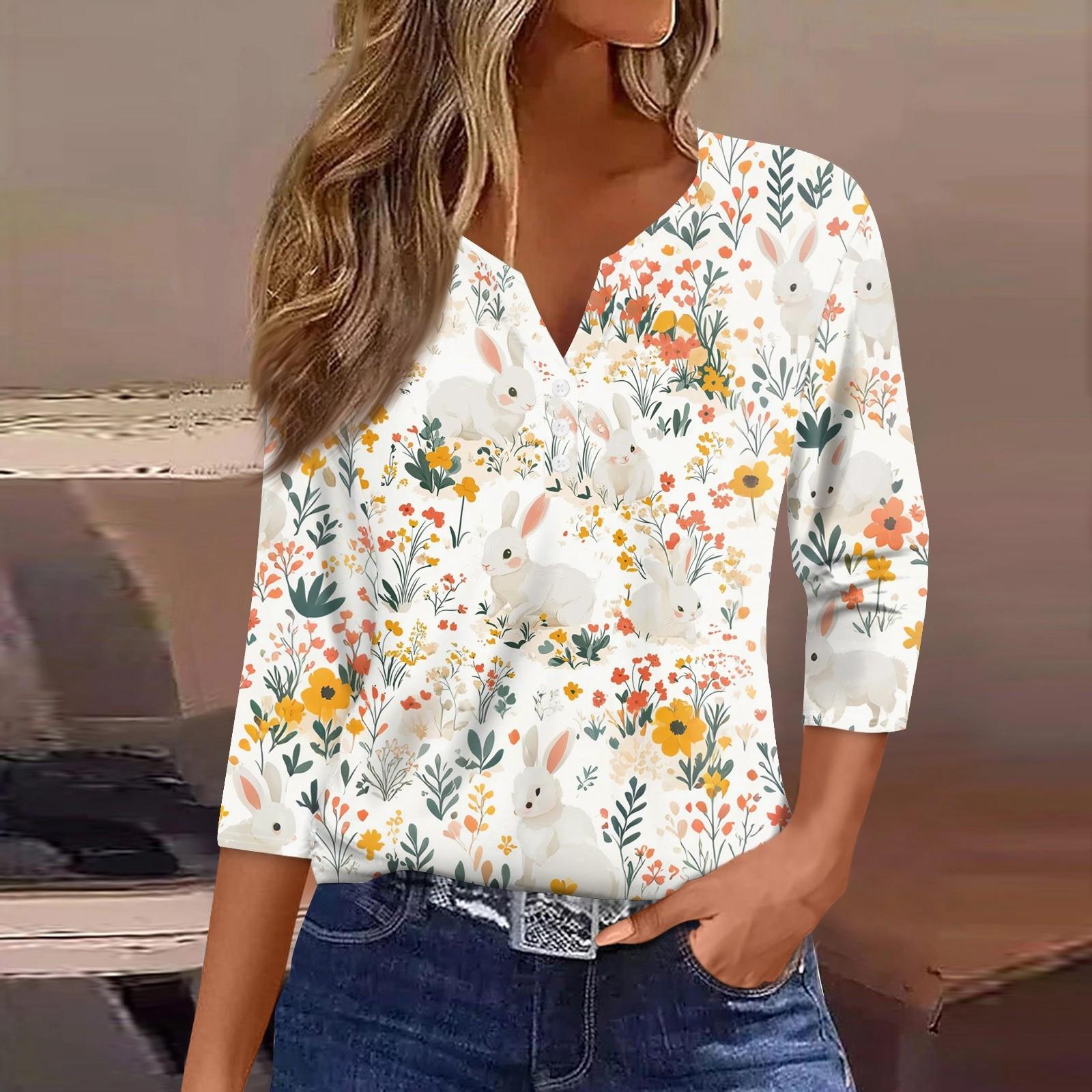 

Жен. Футболка С принтом Пуговицы Рукав 3/4 Повседневные Выходные Мода Классический Классический V-образный вырез Обычный Верх M оранжевый