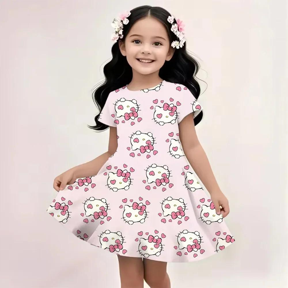 Sanrio Summer Dress Fashion Cartoon Cute Cinnamoroll Hello Kitty 3D Printing Dress Kid Short Sleeve Princess Clothing Kuromi