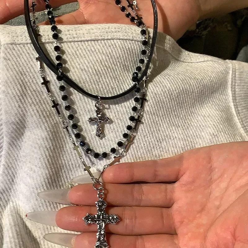 Punk Multi-Layer Cross Necklace Spicy Girl Vintage Beaded Long Cross Pendant Hip-pop Personalized Chain Long Necklace