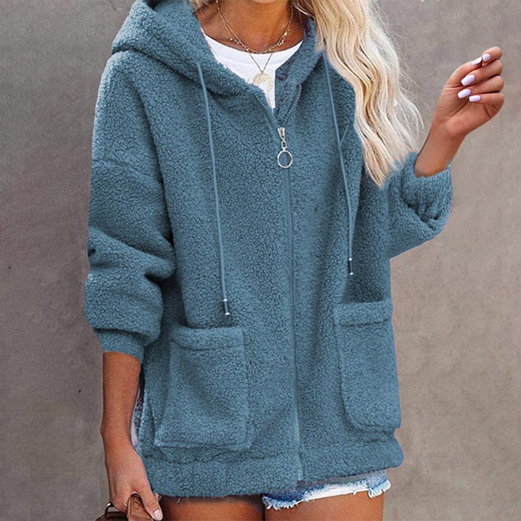 Dammode Enfärgad Långärmad Dragkedja Huvförsedd Ficka Lammfleecekappa
