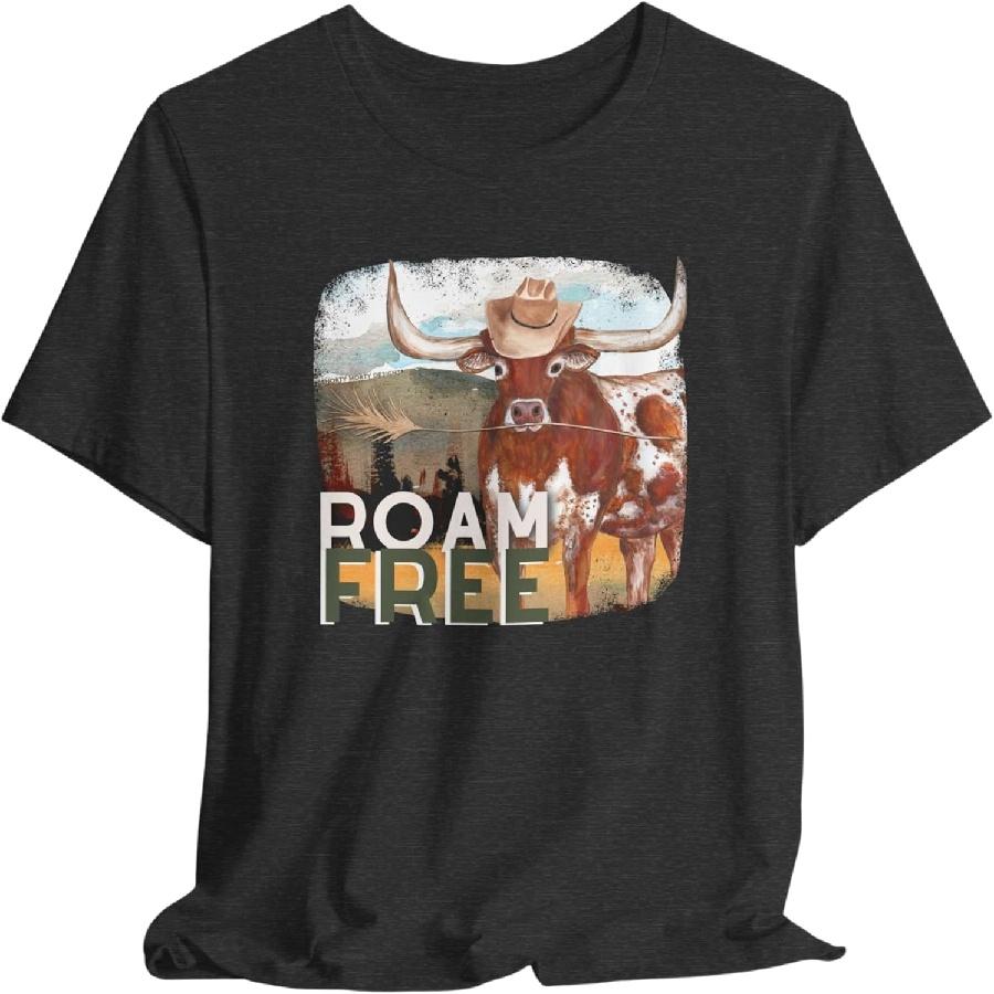 Свободный Роуминг Лонгхорн Футболка _ Техасская Вестерн Графическая Футболка _ Унисекс Bella Canvas Рубашка для Ранчо _ Ковбойский Стиль Рубашка для Скота S