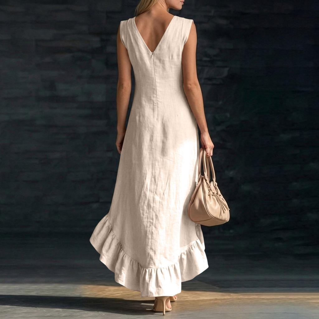 Ladies' Casual Sleeveless V-neck Ruffled Hem Cotton Linen Long Dress