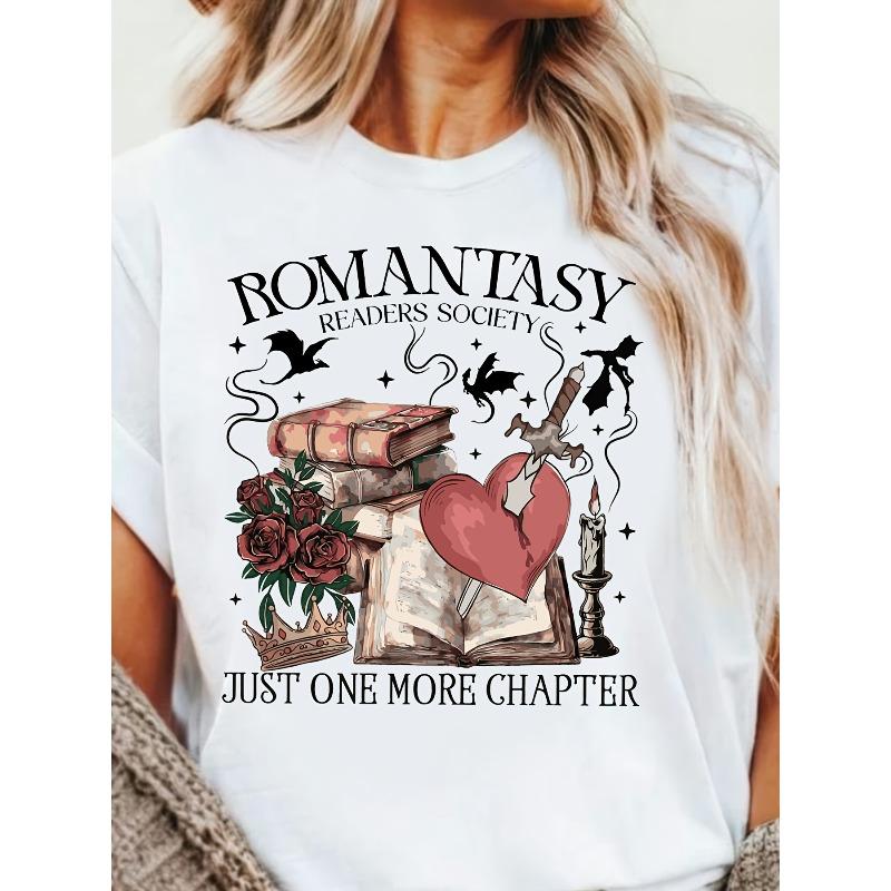 

European Size Romantic Readers Association Heart-Shaped Sword Book Print Short-Sleeve Crew Neck T-Shirt for Women 4XL
