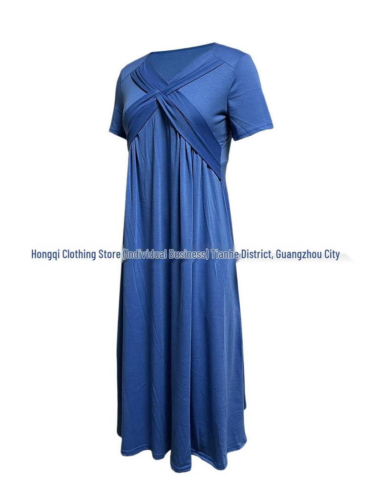 2026 Spring Solid Color V-Neck Short Sleeve Pocket Dress for Women