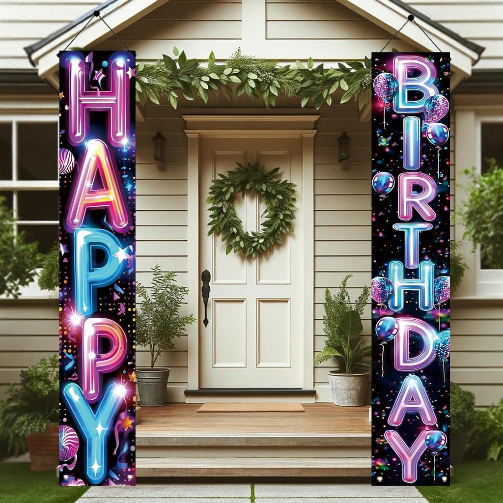 2 Pcs Happy Birthday Door Banner, Neon Lights Theme, Polyester Fabric, Easy to Hang, Indoor/Outdoor Use