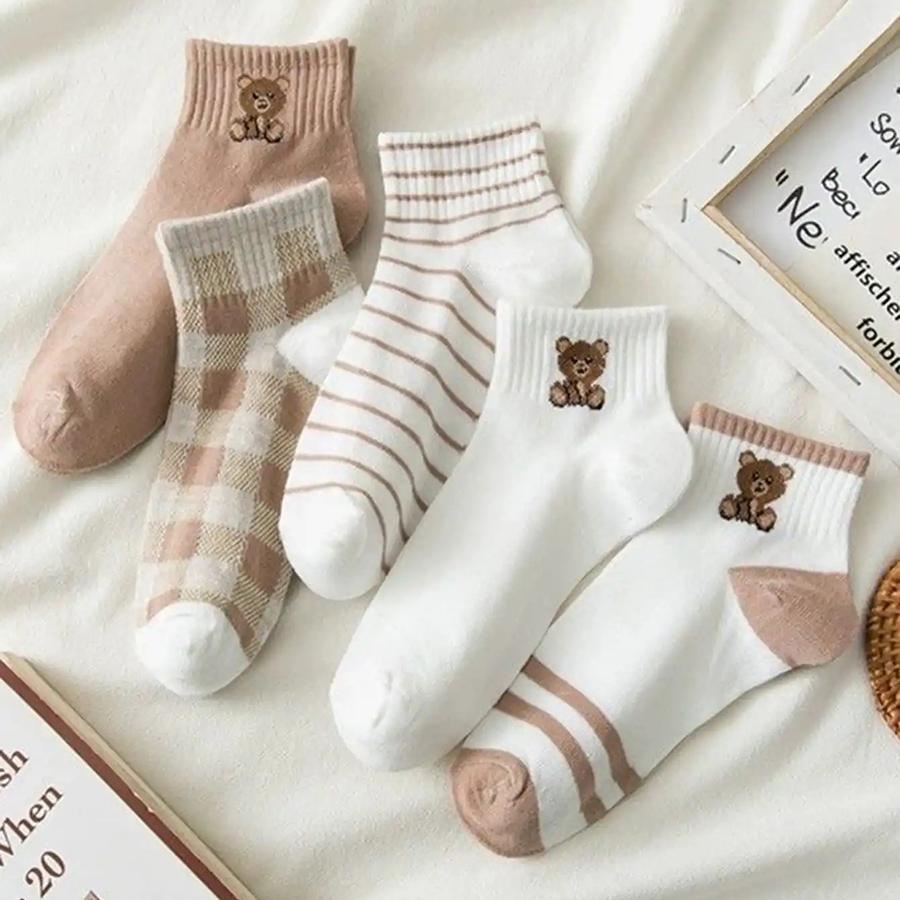 5 párov Dámske členkové ponožky s medvedíkom Trendy Všestranné Pohodlné Roztomilé Krátke ponožky s okrúhlym lemom Mäkké Priedušné Bežné ponožky