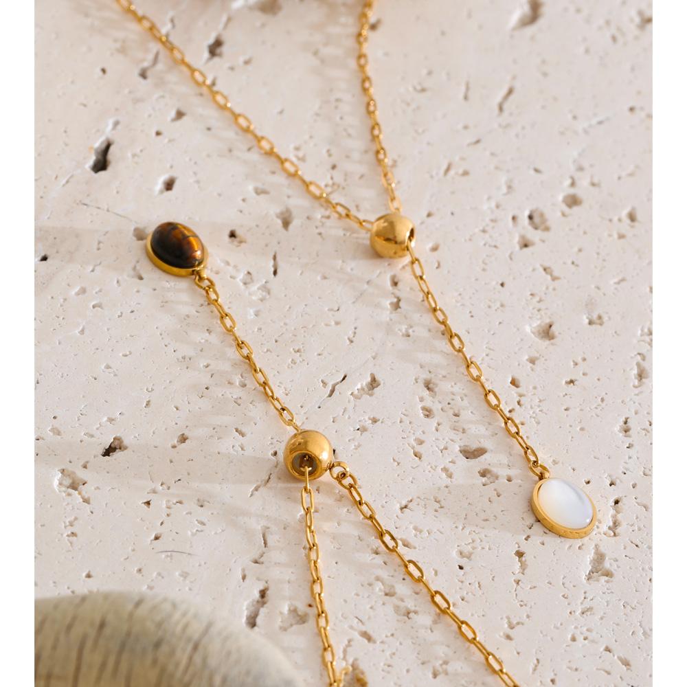 Yhpup 58cm Stainless Steel Natural Tiger Stone Shell Drop Adjustable Chain Necklace Gold Color Charm Arrivals Jewelry
