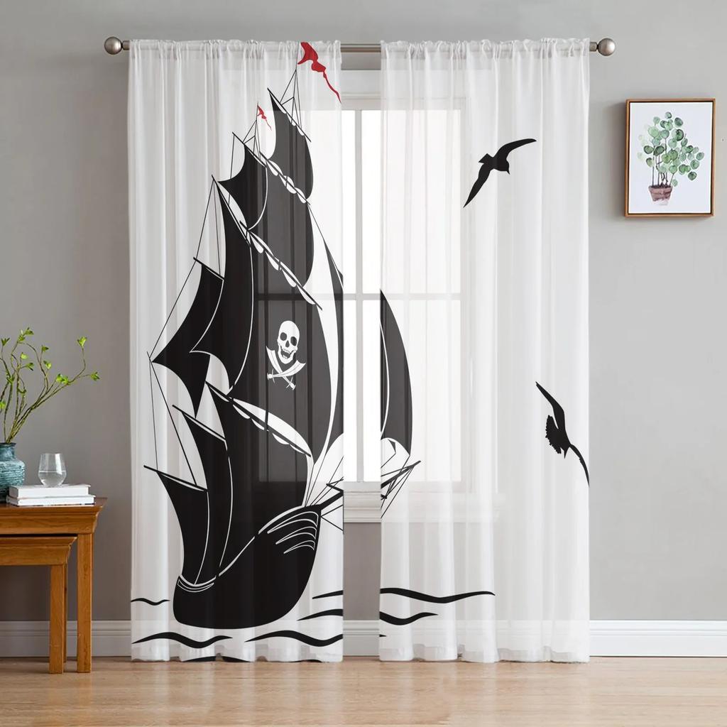 Tropical Arbor Pirate Ship Plank Tulle Window Curtains Living Room Organza Sheer Voile Curtain Bedroom Kitchen Home Decor Drape