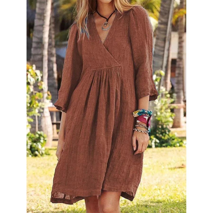 

Хлопково-льняное платье для женщин Осень Рукав 3/4 Повседневное Свободное Однотонное С V-образным вырезом Миди платья Элегантная женская одежда XXXL кофейный