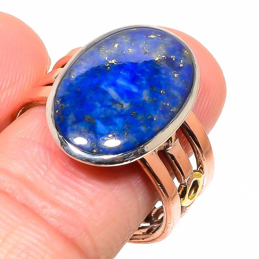 Natural Lapis Lazuli Gemstone Two Tone 925 Sterling Silver Gift Ring S.9.5 V8h85