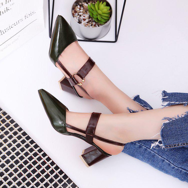 New sandals women's British fashion pointed back empty metal buckle thick heel high heels