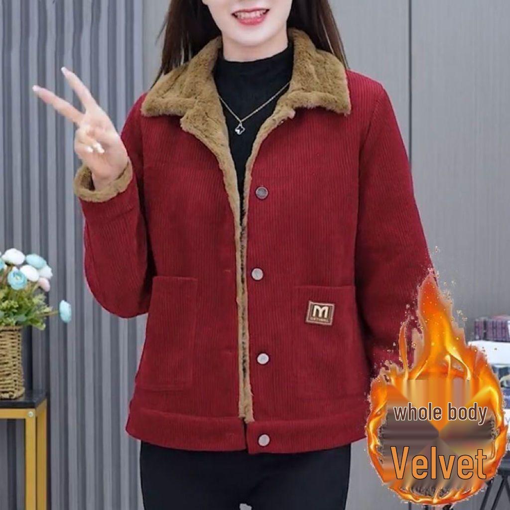 Women's Thickened Corduroy Jacket with Fleece Lining - Warm, Fashionable, Age-Reducing, Loose Fit, Slimming Long Sleeve Outerwear