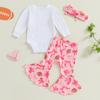 Baby Girls Fall Outfit, Long Sleeve Letters Print Romper with Bow Rugby Flare Pants and Headband Clothing Set