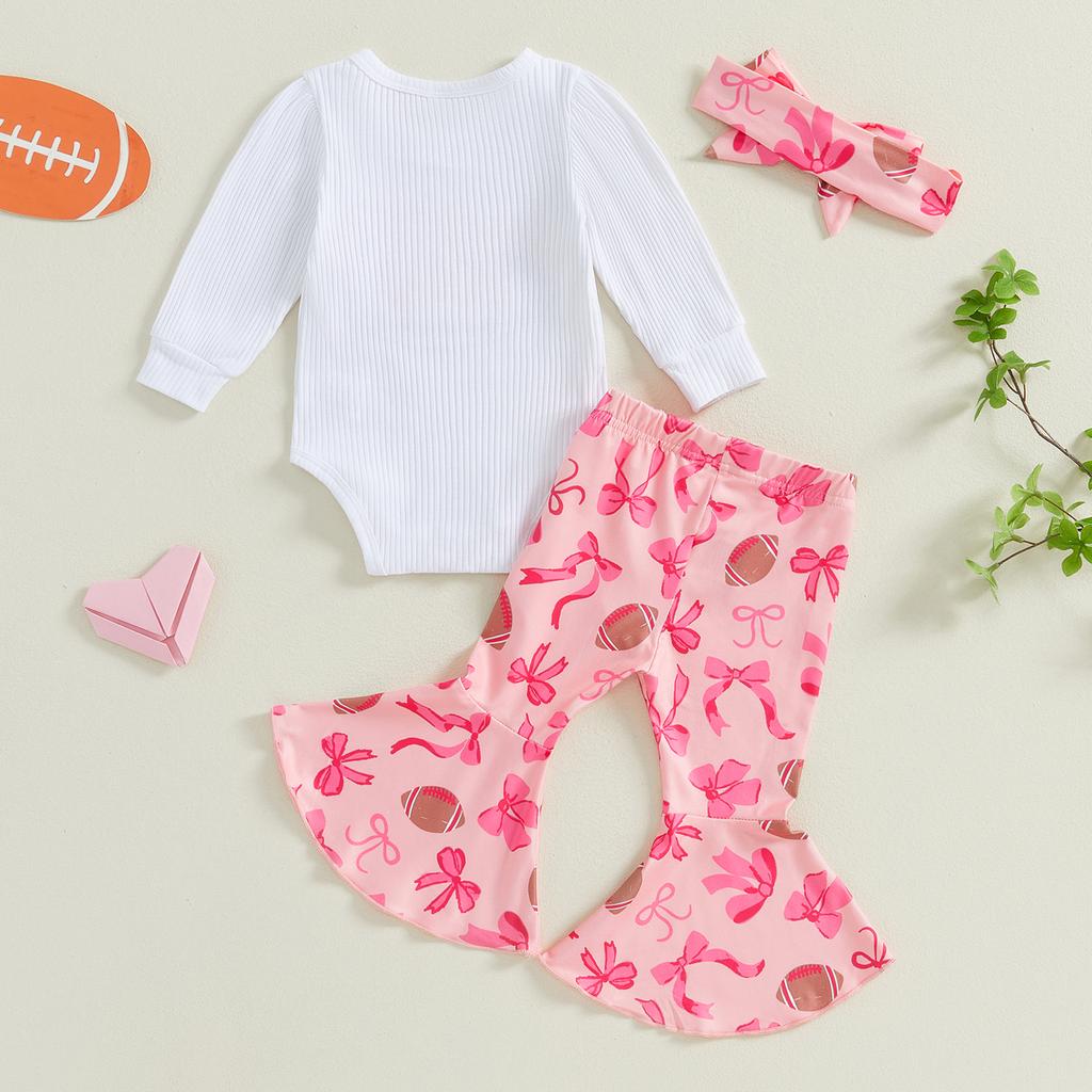 Baby Girls Fall Outfit, Long Sleeve Letters Print Romper with Bow Rugby Flare Pants and Headband Clothing Set