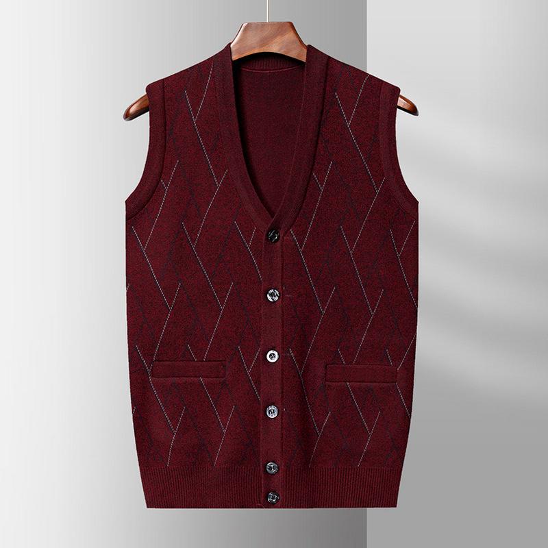 Autumn and Winter New Vest Men's Cardigan Men's V-neck Jacquard Vest Single-breasted Wide-shouldered Dad's Bottoming Shirt