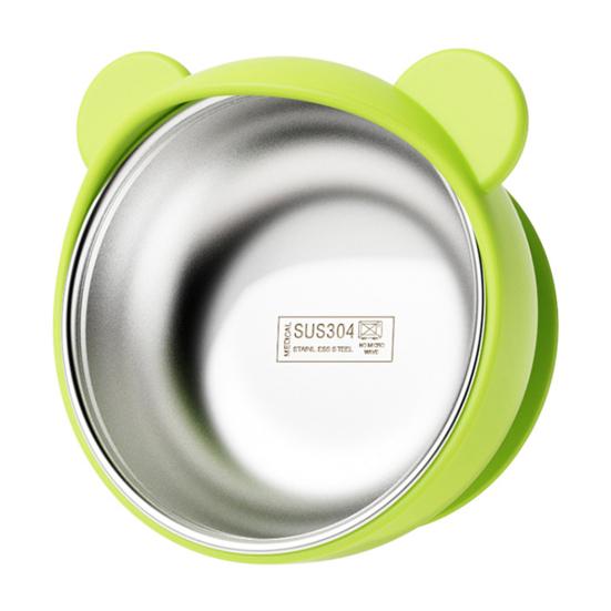 Yousheng Bear Silicone Baby Bowl, Stainless Steel Toddler Bowl with Strong Suction Base, Non Slip Anti Spill Training Bowl for Kids