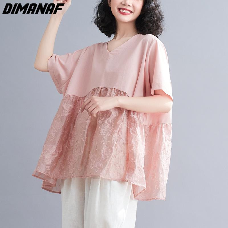 

DIMANAF 2023 Летние женские блузки больших размеров Летучая мышь Однотонные футболки Топы с V-образным вырезом Футболки Рубашка Свободная повседневная одежда