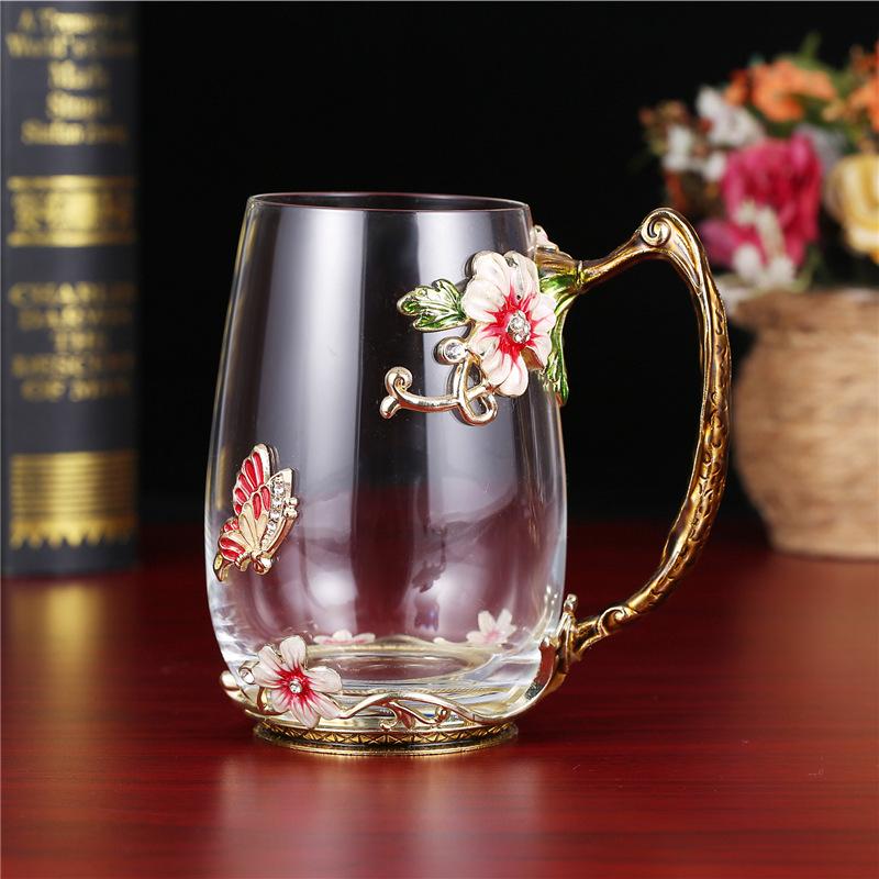 Heat-Resistant Enamel Flower Tea Cup, Creative Painted Crystal Glass Coffee Cup with Handle Butterfly Chrysanthemum