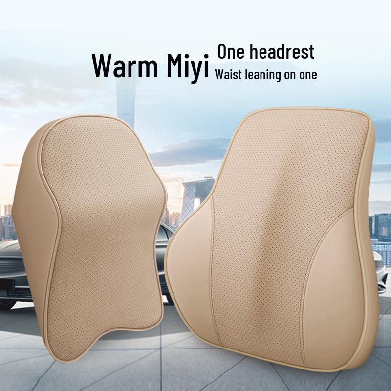 Celoroční polštář pod hlavu a bederní opěrka do auta z paměťové pěny s nappa kůží