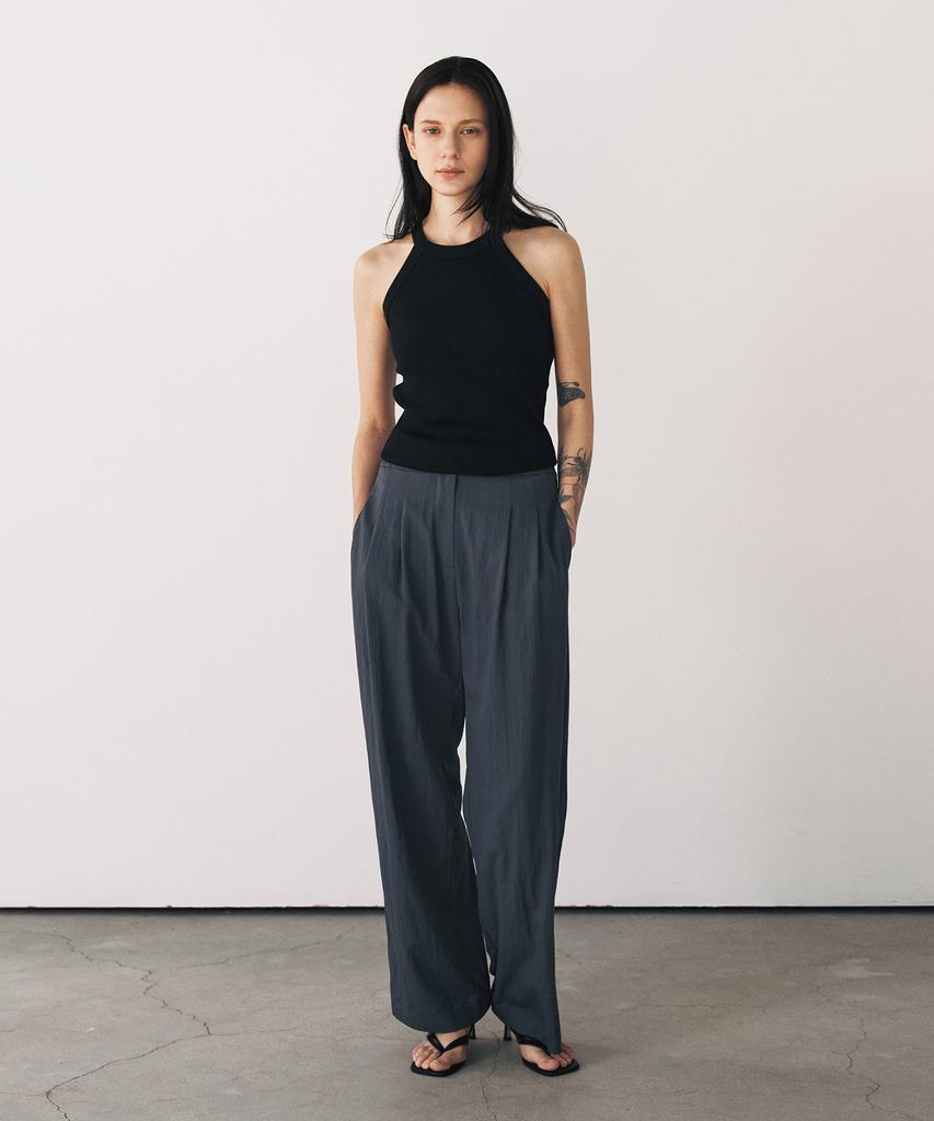 Aesmoeo Ian Double-Pleat Wide Elastic Pants (Charcoal)