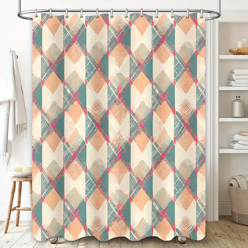 Patterned Bath Shower Curtain Set Made Of Waterproof Fabric For Bathroom Decoration In Modern Design With Green Orange Brown Col