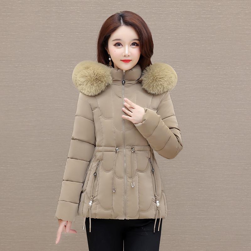 Женская короткая стеганая одежда, зимняя новая приталенная куртка с подкладкой, утолщенный меховой воротник, теплая куртка XL хаки