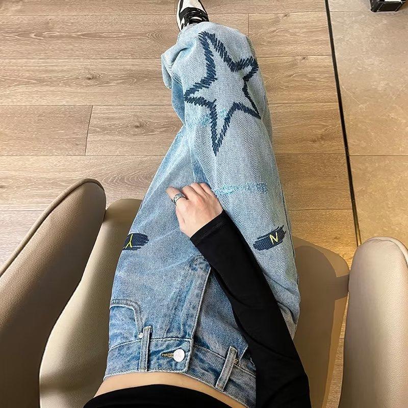 Embroidered High-Waist Straight-Leg Jeans for Women - Spring/Autumn Trendy Floor-Length Pants