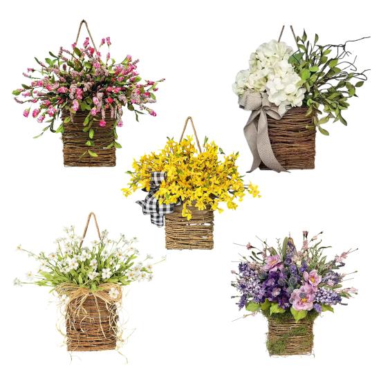 Cesto Appendiporta Ghirlanda Primavera Estate Fiori Artificiali in Cesto di Vimini per Porta d'Ingresso Rustico Cesto Appendibile in Rattan Ghirlanda per Casa Portico Ingresso