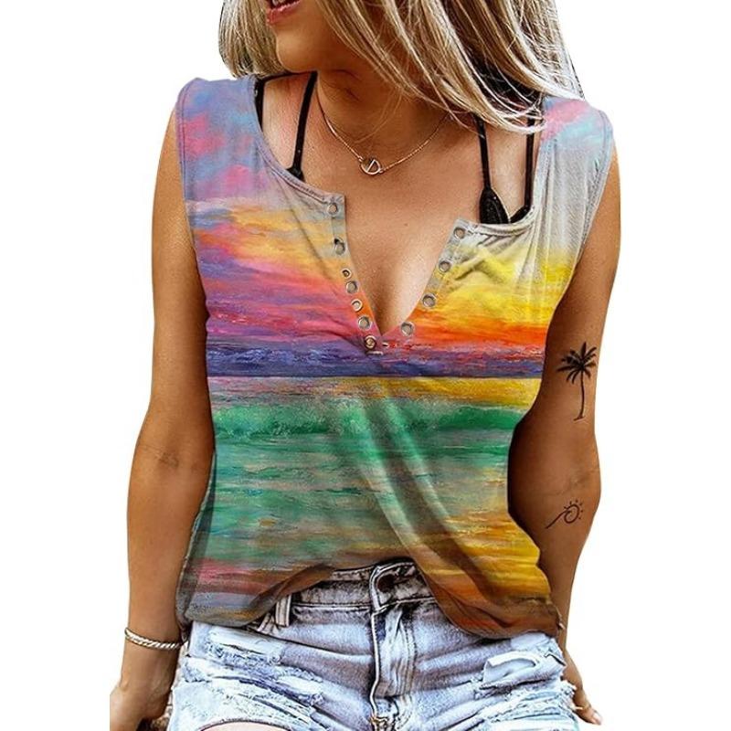 Zabawne T-shirty damskie bez rękawów z nadrukiem literowym i kolorowym dekoltem w serek