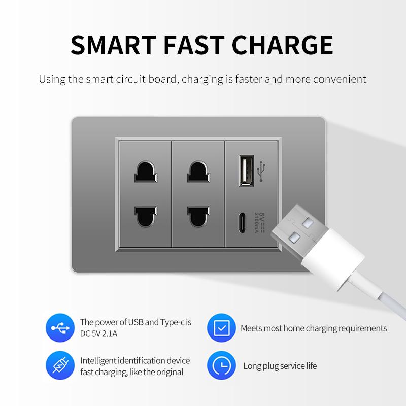 

PSSRISE 118 Тип Бразилия ЕС США Настенная розетка с 5 В 2,1 А USB Type-c Зарядное устройство Розетка Панель ПК Выключатель света ТВ Компьютер