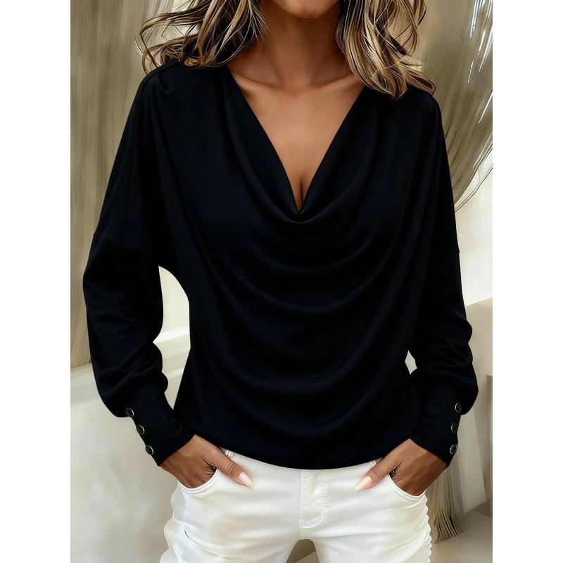 Women s Black Draped Cowl Neck Drop Shoulder Cuff Button Detail Long Sleeve Blouse S чёрный