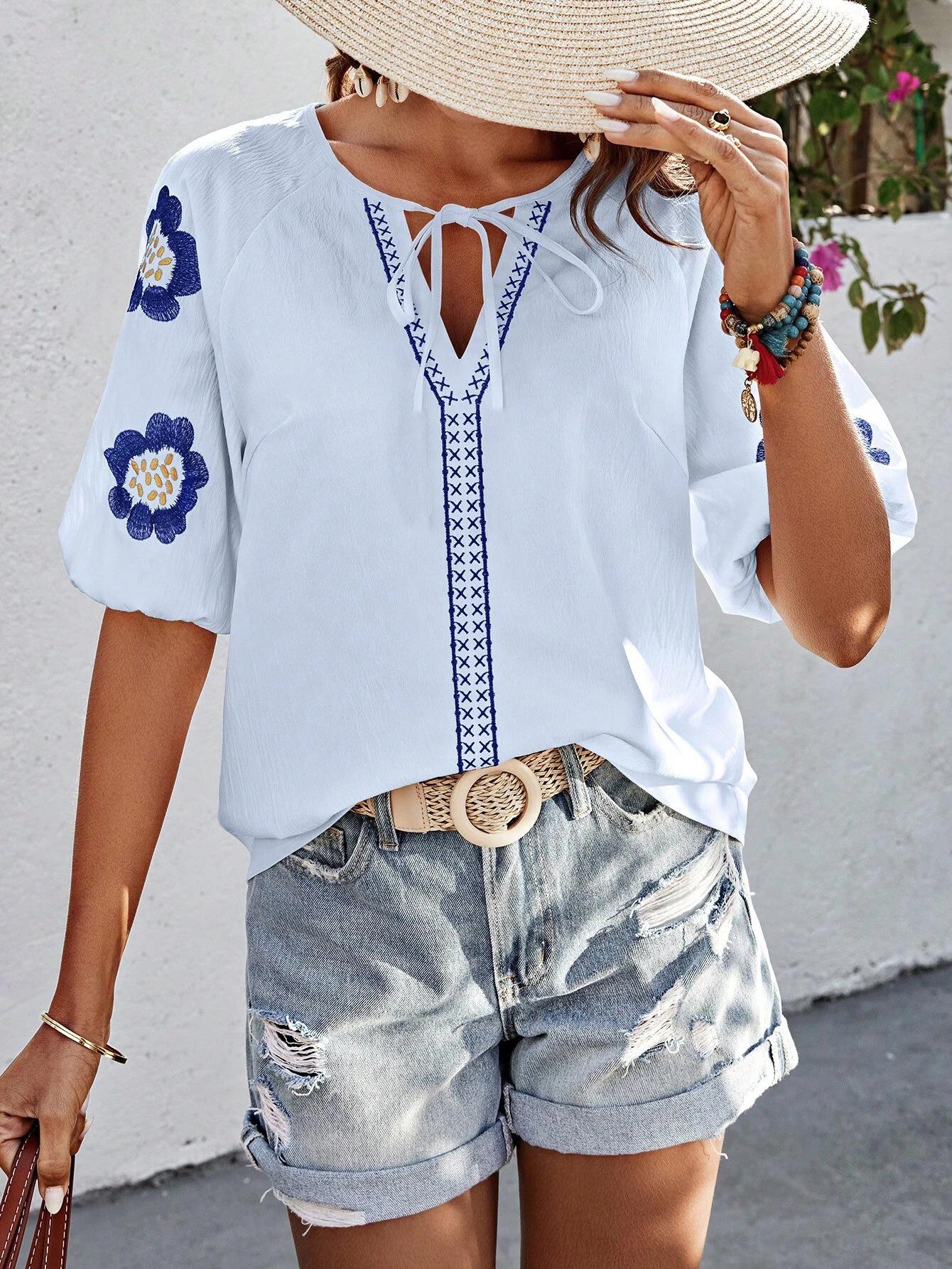 Women S Embroidered V Neck Loose Long Sleeve Blouse Solid Color S синий