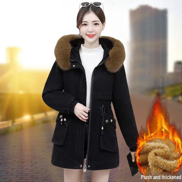 

Женское зимнее бархатное пальто 2024 года: Приталенный крой, корейский стиль, меховой воротник, теплый, большой размер, средней длины. 4XL (suggested 165-175 jin) чёрный