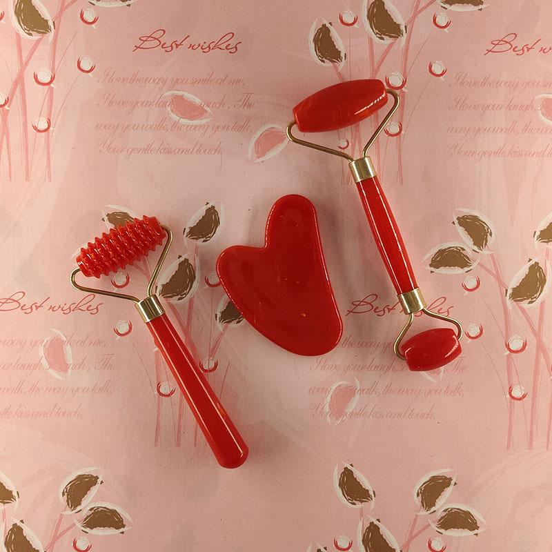 3-Piece Set: Imitation Jade & Rose Quartz Gua Sha Boards with Spiky Roller Facial Massager