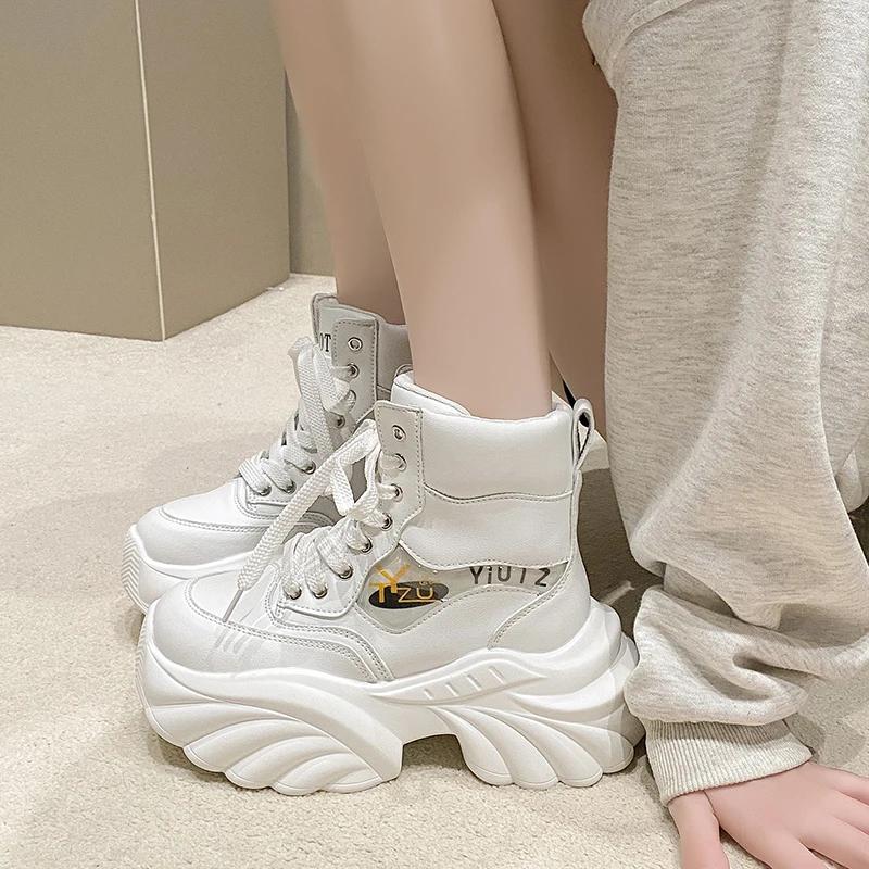 Fashion 8CM Autumn High Top Women Sneakers Lace-up Winter Warm Leather Ankle Boots Casual Canvas Shoes Thick Bottom Fashion Short Boots