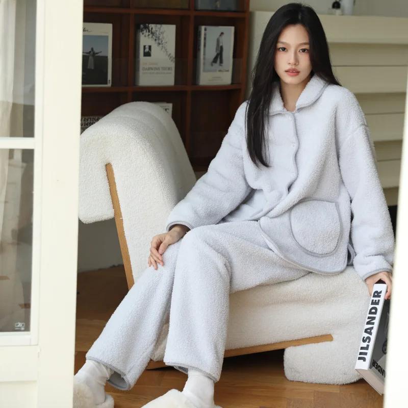 

Зимний новый теплый бархатный пижамный комплект с маленьким воротником, простая, повседневная, теплая, плотная домашняя одежда, комплект из двух предметов One Size