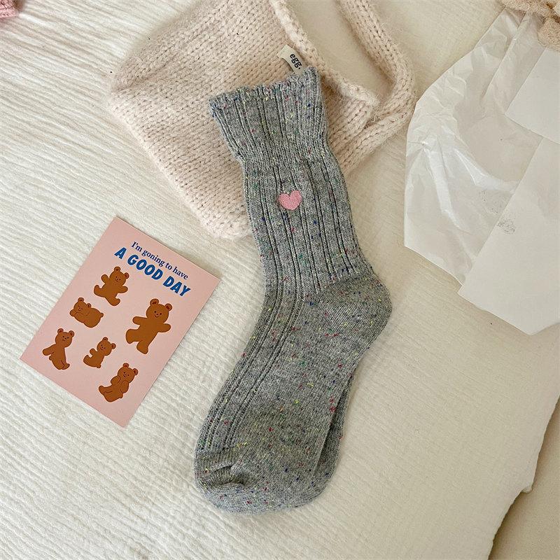 Coarse Needle Dot Yarn Embroidered Love Socks Women'S Mid-Tube Socks Trendy Wool Vintage Pile Stockings