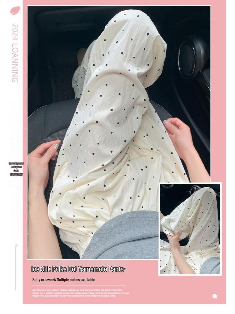 Women's Summer Polka Dot Ice Silk High Waist Wide Leg Pants - White, 2025 Collection