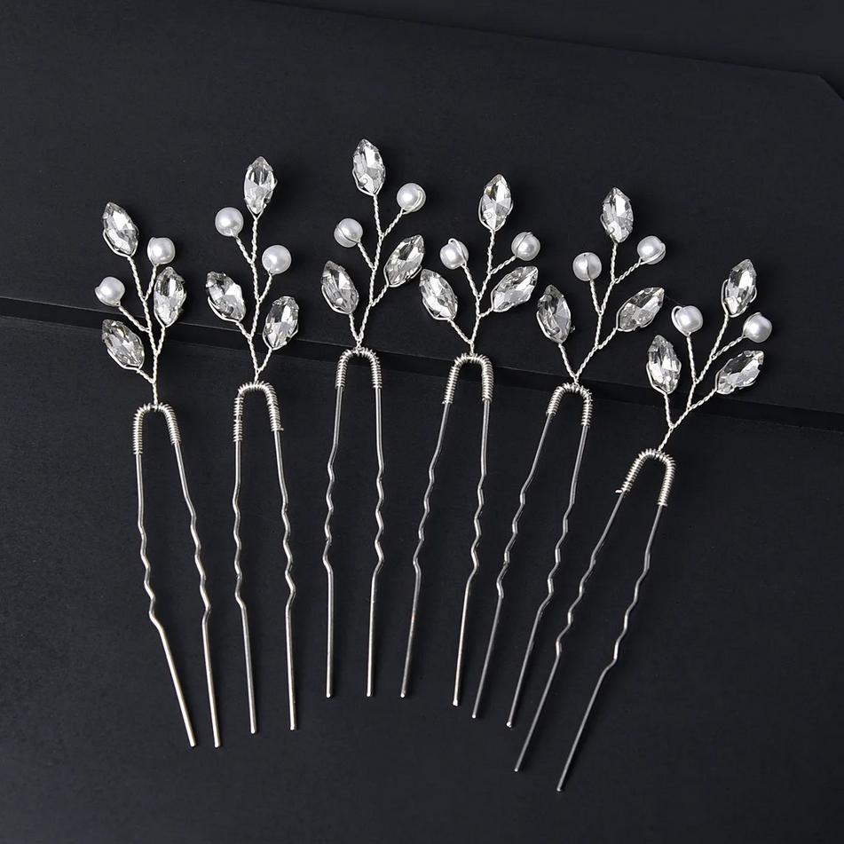 6 PCS Épingles à Cheveux Mariage Cristal Forme U Coiffe de Mariage Couleur Argent Or Épingles à Cheveux Perle Strass Accessoires Cheveux Mariage