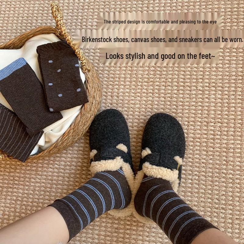 Women's 2025 Winter Wool Socks: Striped & Polka Dot, Plus Velvet, Thickened Mid-Calf Style.